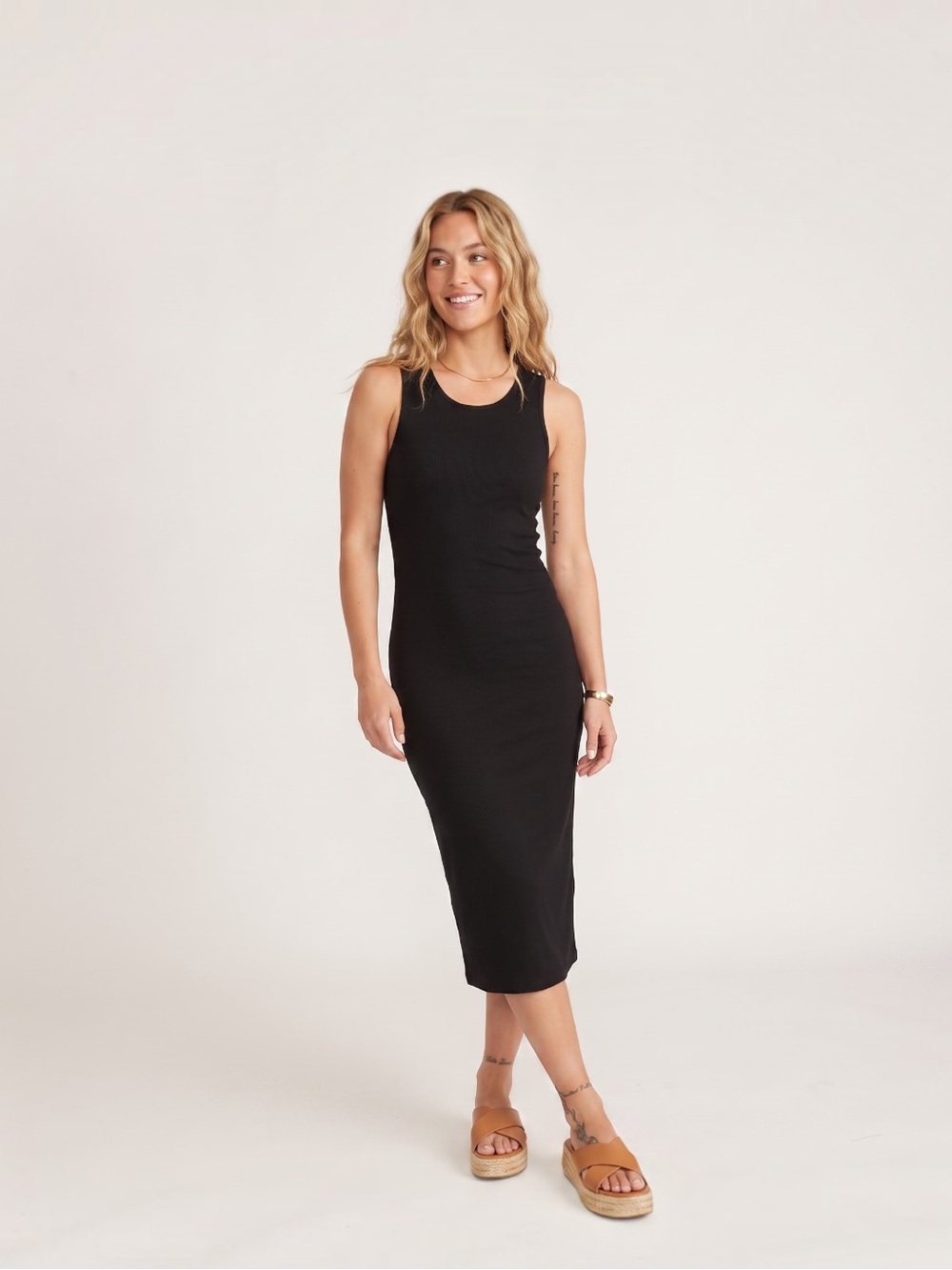 Marine Layer Lexi Black Ribbed Midi Dress Bodycon Tank Sleeveless Stretch XS